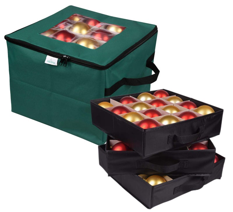 ProPik Christmas Ornament Storage Box, Organizer Holds Up to 48 Xmas Balls with 3 Separate Removable Trays, Container has Dividers to Organize Holiday Tree Ornaments (Green) - Image 1